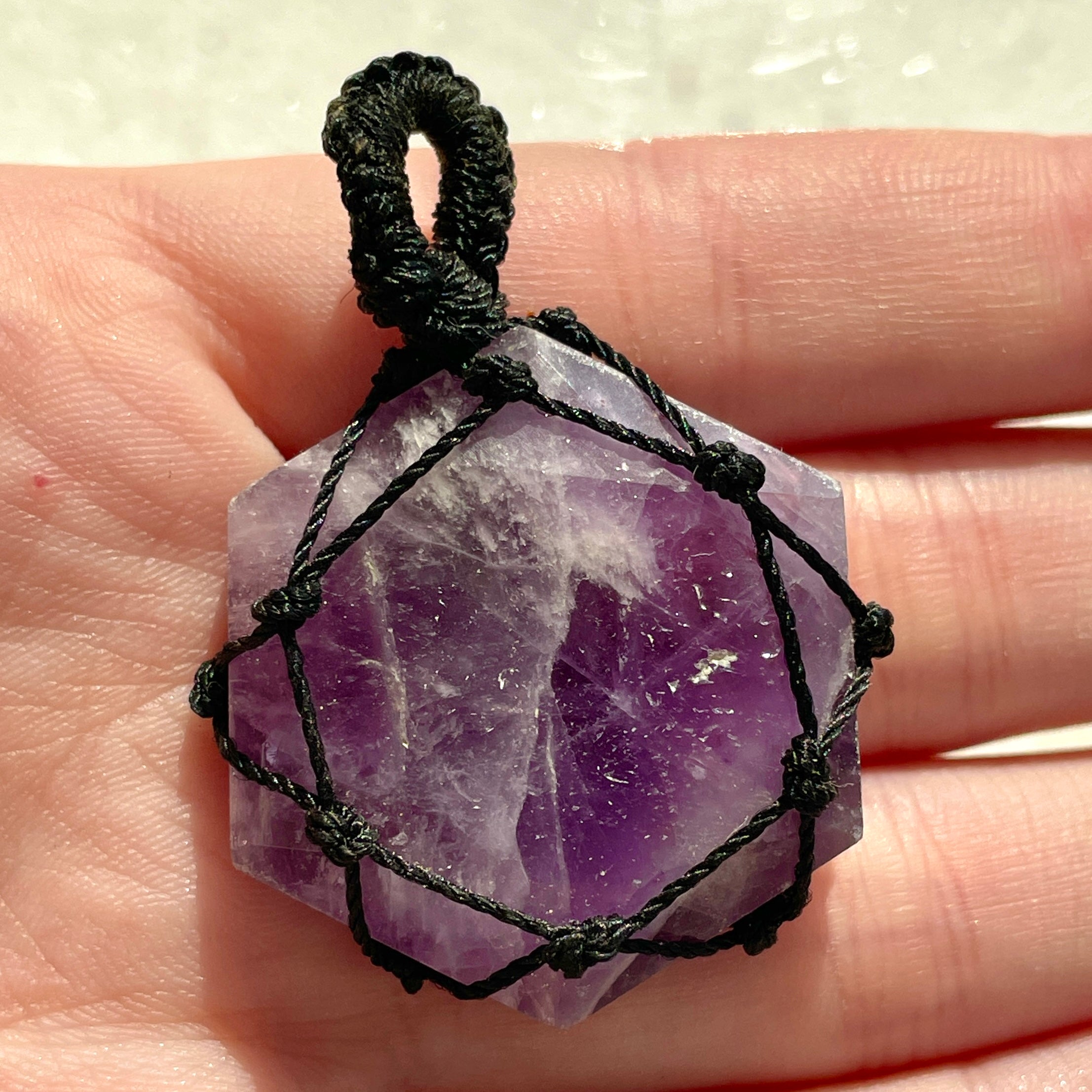 Amethyst - Macrame Wrapped Hexagonal Pendant Amethyst - Macrame Wrapped Hexagonal Pendant